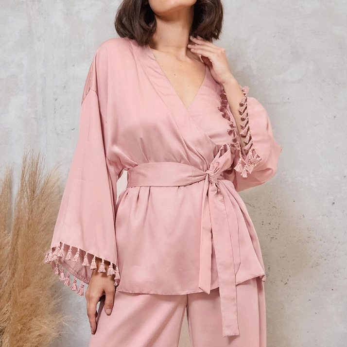 Womens Tassel Long Sleeves Satin Pajamas 2 Pieces Robe Set Pink Pajama Robe Sleepwear