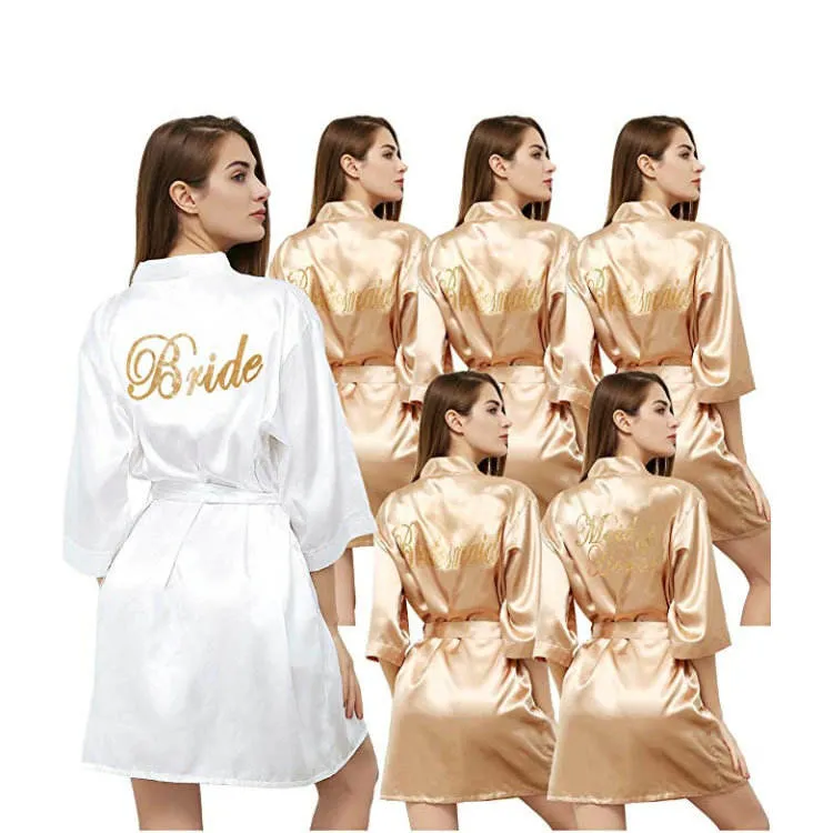 Wholesale Satin Silk Short Robes Women with Gold Glitter for Bride and Bridesmaid Wedding Designer Bridal Bathrobe